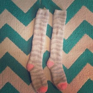 Fuzzy grey white and pink knee high socks